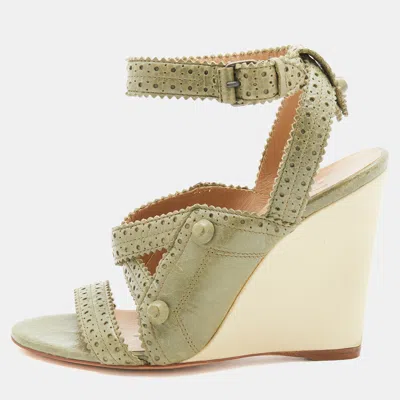 Pre-owned Balenciaga Green Brogue Leather Strappy Wedge Sandals Size 36