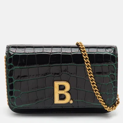 Pre-owned Balenciaga Green Croc Embossed Glazed Leather B. Logo Wallet On Chain