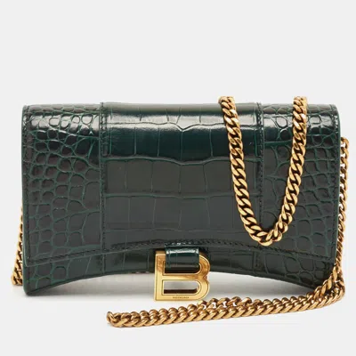 Pre-owned Balenciaga Green Croc Embossed Leather Hourglass Wallet On Chain
