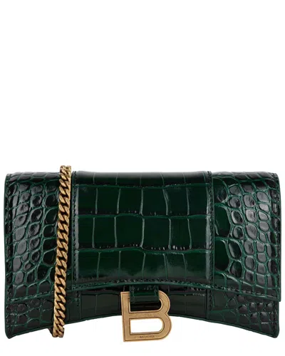 Balenciaga Green Croc-embossed Leather Hourglass Wallet On Chain