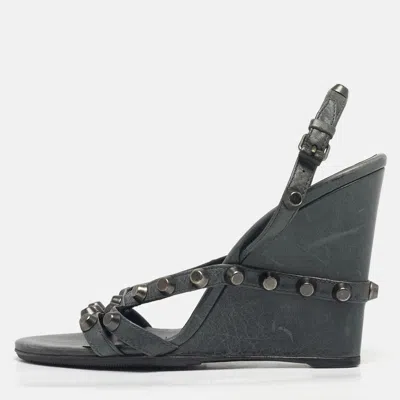 Pre-owned Balenciaga Green Leather Arena Studded Strappy Wedge Sandals Size 39 In Gray