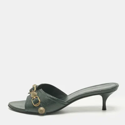 Pre-owned Balenciaga Green Leather Le Cagole Studded Slide Sandals Size 41