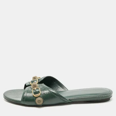 Pre-owned Balenciaga Green Leather Studded Cagole Flat Slides Size 38