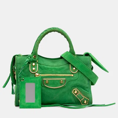 Pre-owned Balenciaga Green Mini Suede Motocross Classic Metallic Edge City Satchel