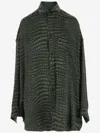 Balenciaga Crocodile Print Satin Button Down Cocoon Blouse In Green