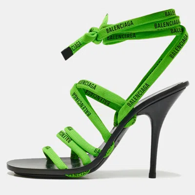 Pre-owned Balenciaga Green/black Leather Logo Lace Ankle Wrap Sandals Size 36