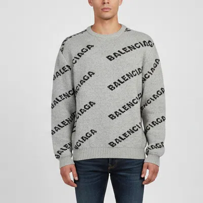Pre-owned Balenciaga Grey All Over Logo Intarsia Knit Crewneck Sweater Xl In Black