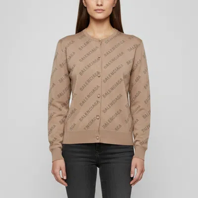 Pre-owned Balenciaga Grey All-over Logo Knit Cardigan M In Brown