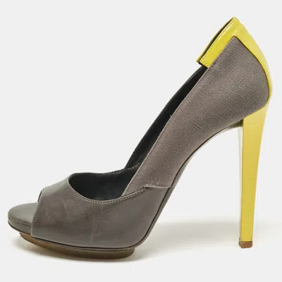 Pre-owned Balenciaga Grey Canvas And Leather Peep Toe Pumps Size 37.5
