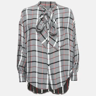 Pre-owned Balenciaga Grey Checkered Print Crepe Front Tie-up Blouse S In Gray