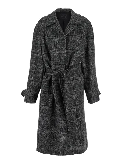 Balenciaga Grey Coat With Wide Notched Revers And All-over Check Motif In Wool Woman In Black
