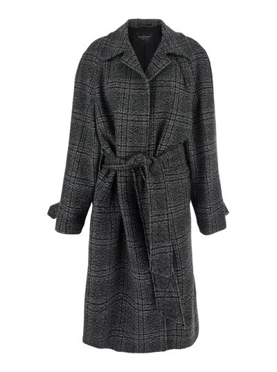 BALENCIAGA GREY COAT WITH WIDE NOTCHED REVERS AND ALL-OVER CHECK MOTIF IN WOOL WOMAN
