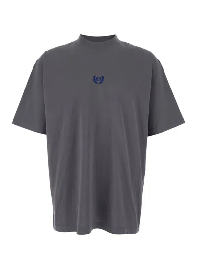 Balenciaga Grey Crewneck T-shirt With Logo Embroidery On The Front In Cotton Man In Gray