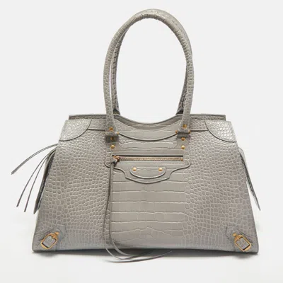 Pre-owned Balenciaga Grey Croc Embossed Leather Large Neo Classic Tote