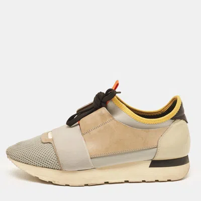 Pre-owned Balenciaga Grey Leather And Mesh Race Runner Lace Up Sneakers Size 39