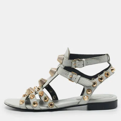 Pre-owned Balenciaga Grey Leather Studded Ankle Strap Flat Sandals Size 37