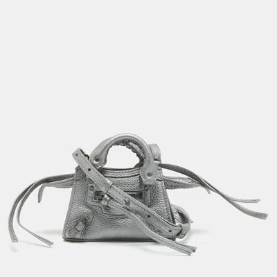 Pre-owned Balenciaga Grey Leather Super Nano Classic City Crossbody Bag In Silver