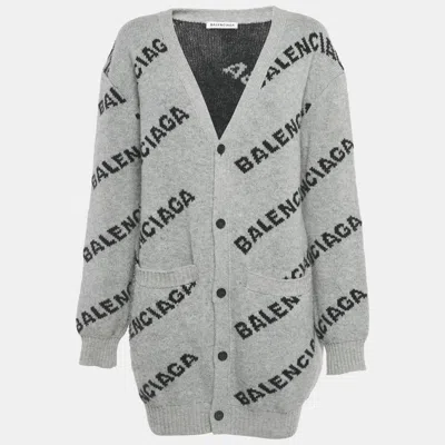 Pre-owned Balenciaga Grey Logo All Over Wool Knit Cardigan M In Gray