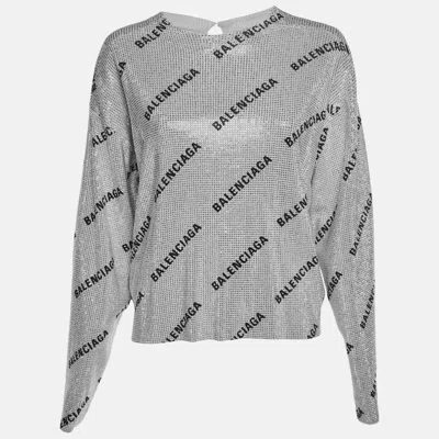Pre-owned Balenciaga Grey Logo All Over Wool Knit Rhinestone Detail Sweatshirt M In Gray