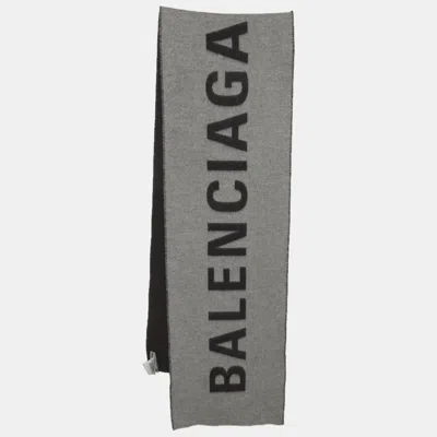 Pre-owned Balenciaga Grey Logo Intarsia Cashmere Felt Scarf In Gray