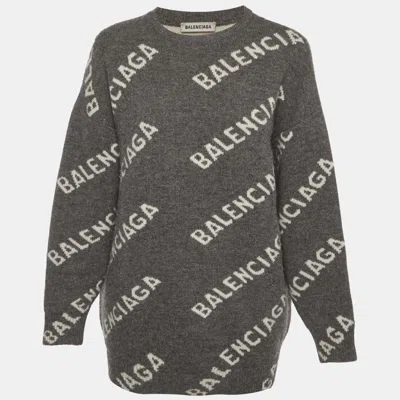 Pre-owned Balenciaga Grey Logo Overall Wool Knit Sweater S In Gray