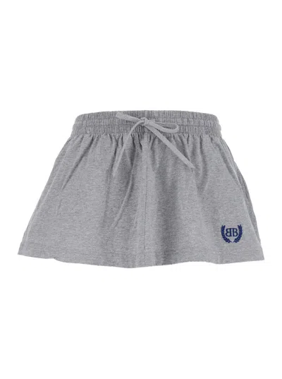 BALENCIAGA BALENCIAGA GREY MINISKIRT WITH LOGO EMBROIDERY ON THE FRONT AND ELASTIC DRAWSTRING WAIST IN COTTON W