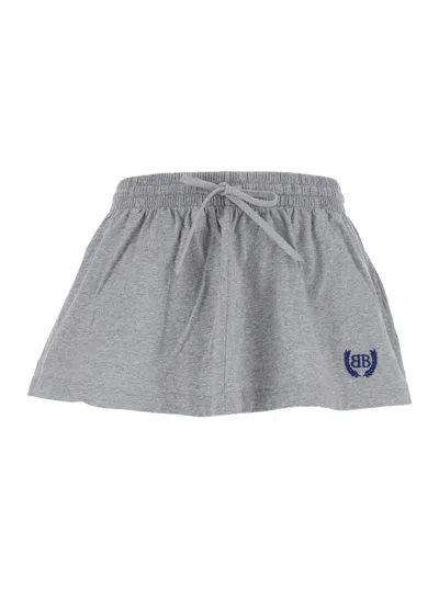 Balenciaga Grey Miniskirt With Logo Embroidery On The Front And Elastic Drawstring Waist In Cotton Woman In Grey