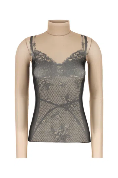 BALENCIAGA GREY PRINTED STRETCH TULLE TOP