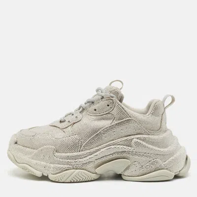 Pre-owned Balenciaga Grey Suede Crystal Embellished Triple S Sneakers Size 37