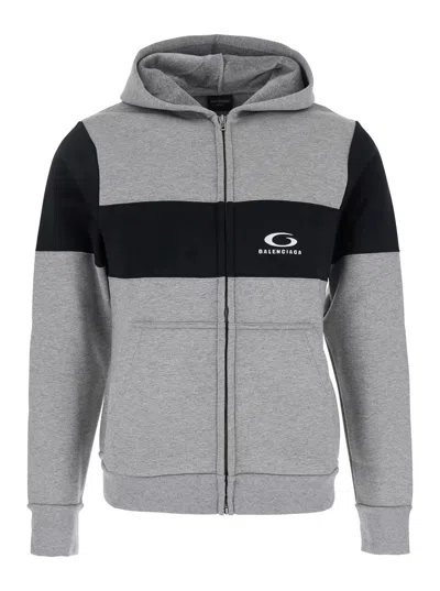 BALENCIAGA BALENCIAGA GREY SWEATSHIRT WITH ZIP, HOOD AND LOGO PRINTED ON THE FRONT IN COTTON 
MAN