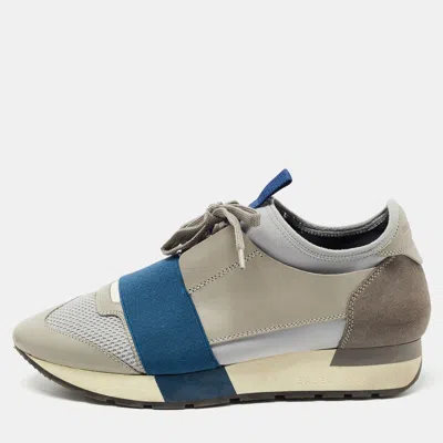Pre-owned Balenciaga Grey/blue Mesh And Leather Race Runner Sneakers Size 37