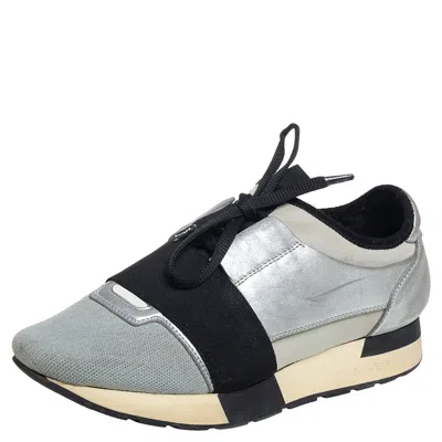 Pre-owned Balenciaga Grey/silver Leather And Knit Fabric Race Runner Sneakers Size 38