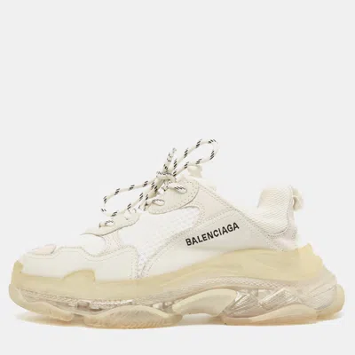 Pre-owned Balenciaga Grey/white Faux Leather And Mesh Triple S Trainers Size 42 In Cream