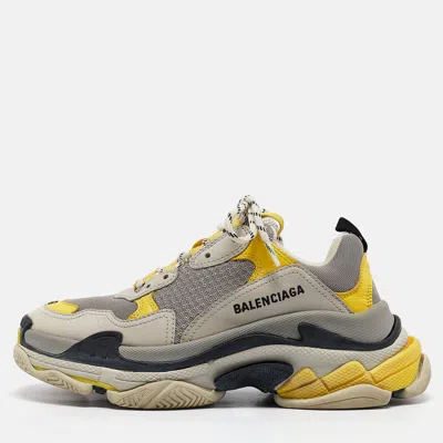 Pre-owned Balenciaga Grey/yellow Fabric And Faux Leather Triple S Lace Up Sneakers Size 39