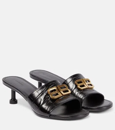 Balenciaga Groupie Bb Croc-effect Leather Sandals In Black/gold Vint