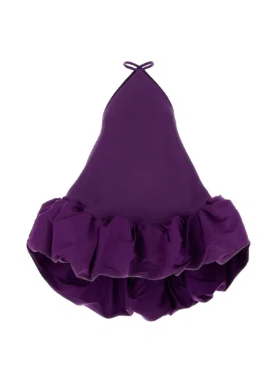 Balenciaga Silk Balloon Ruffle Mini Halter Dress In Purple