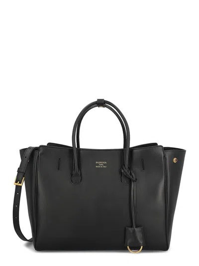 Balenciaga Black Leather Mini Carry All Hampton Shopping Bag In Silver