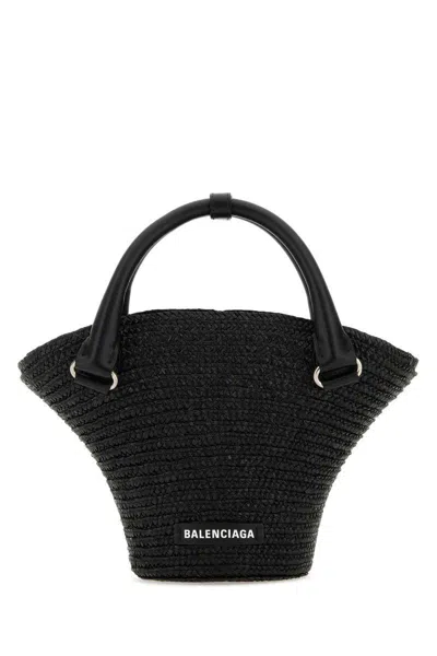 Balenciaga Straw Beach Bag With Adjustable Leather Strap In Black