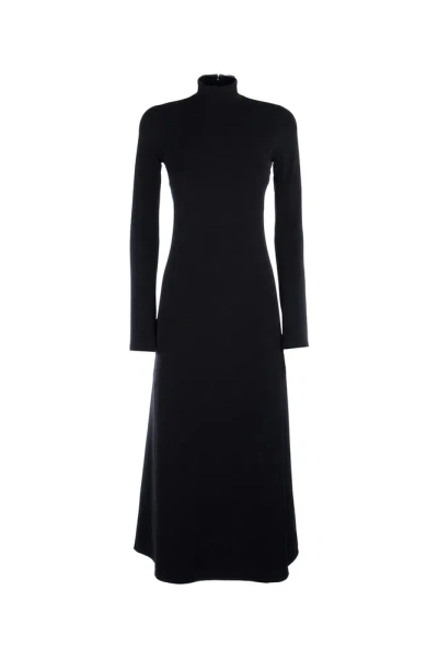 Balenciaga High Neckline Long Sleeve Fitted Bodice Flared Skirt In Black