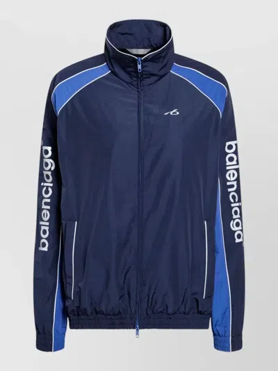 Balenciaga High Collar Jacket Elasticated Cuffs Pockets In Blue