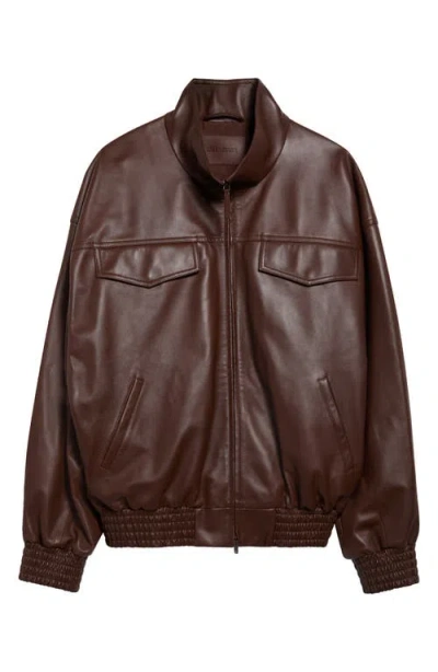 Balenciaga High Collar Leather Bomber Jacket In Brown