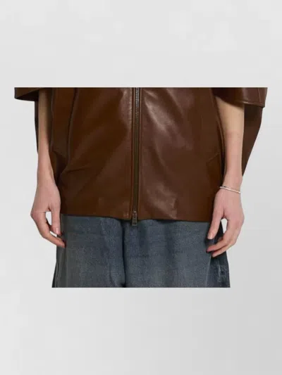 Balenciaga High Collar Silk Nylon Short Sleeve Jacket In Brown