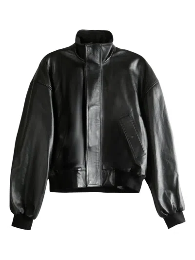 Balenciaga High-neck Leather Bomber Jacket In Black