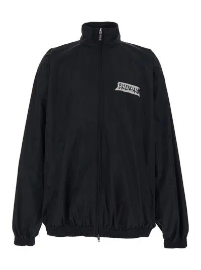 Balenciaga High-collar Logo-embroidered Cotton Blend Jacket In Blue