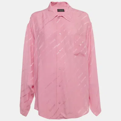 Pre-owned Balenciaga Homeware Pink All-over Logo Silk Oversized Shirt S