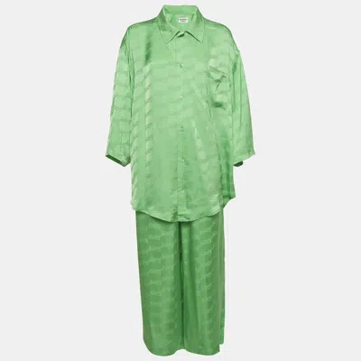 Pre-owned Balenciaga Homewear Green Bb Monogram Satin Shirt And Pants Set S