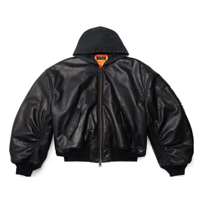 Balenciaga Hooded Leather Bomber Jacket In Black