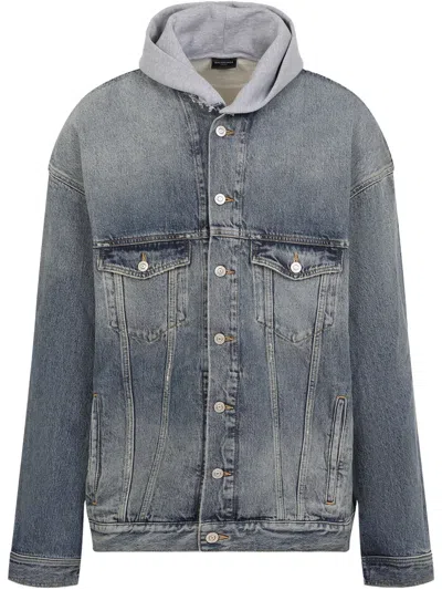 Balenciaga Denim And Fleece Cotton Jacket With Logo Men In Blue