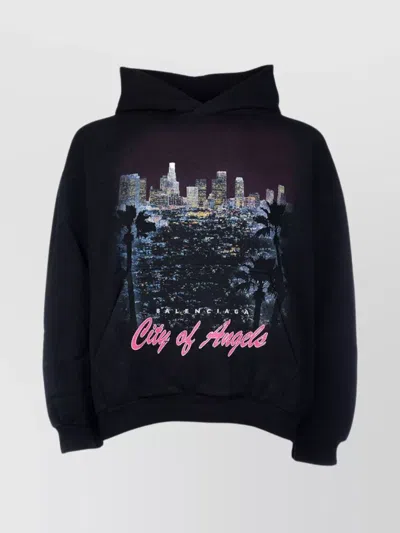 BALENCIAGA HOODED GRAPHIC PRINT SWEATER WITH RIBBED CUFFS