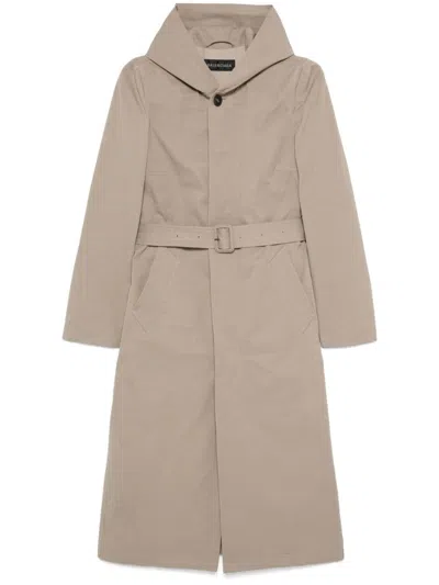Balenciaga Hooded Trench Coat In Brown